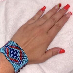 Handcrafted Blue Beaded cuff aztec Bracelet with wear